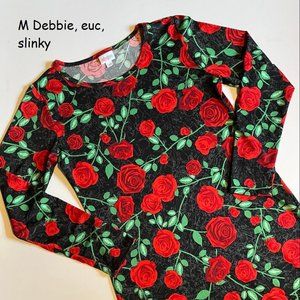 Medium Lularoe Debbie dress, black with red roses, slinky
